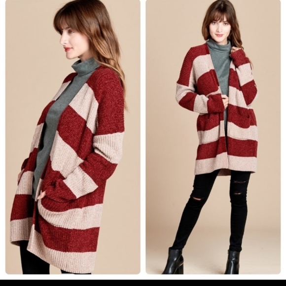ODDY Taupe/Burgundy Stripe Cardigan Sweater - Picture 7 of 11